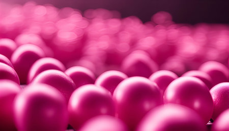 Close up macro shot of a group of pink spheres. The balls are shiny and reflect light creating a...