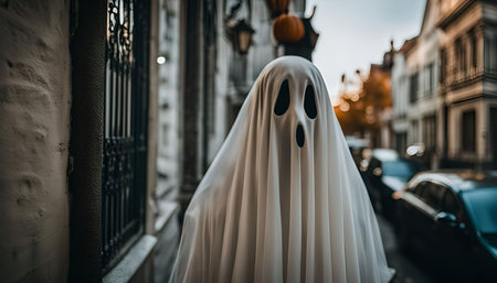 A ghostly figure in a white sheet stands on a city street, creating a spooky Halloween atmosphere.