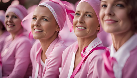 A group of women wearing pink, smiling, and looking up in a show of support for breast cancer awareness.の写真素材