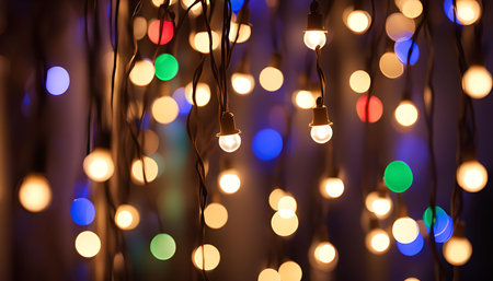 A close-up shot of blurred string lights, creating a festive bokeh effect with warm yellow and...