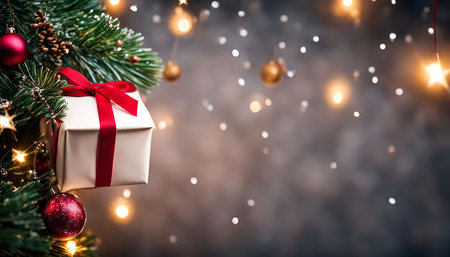 A beautifully wrapped Christmas gift hanging on a decorated Christmas tree with red and gold ornaments and twinkling lights.の写真素材