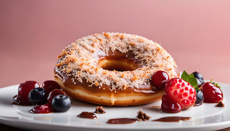 A mouthwatering glazed donut with a sprinkle of chocolate, strawberries and blueberries on a white...