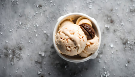 A close-up shot of vanilla ice cream with a chocolate cookie in a white bowl. The ice cream is soft and creamy, while the cookie adds a contrasting crunch and chocolate flavor. This image is perfect for showing the deliciousness and tempting nature of this classic summer treat.の写真素材