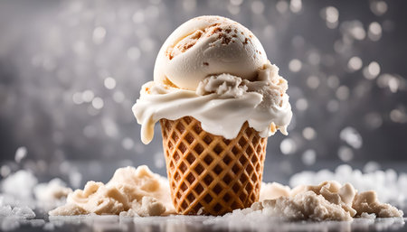 A close-up shot of a melting vanilla ice cream cone with a blurry background.