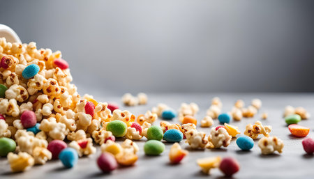 A white bowl with popcorn and colorful candies spilled on a gray surface. The popcorn is fluffy and white with colorful candies scattered around itの写真素材