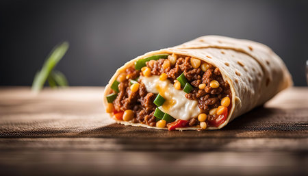 A close-up shot of a delicious burrito filled with ground beef, corn, and sour cream. The burrito is wrapped in a soft tortilla and is ready to be enjoyed.の写真素材