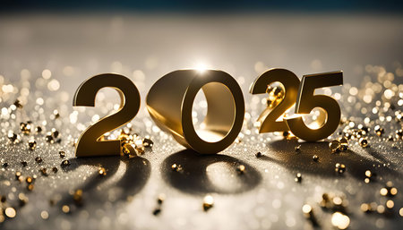 Close-up of golden 2025 numbers on a sparkling background, representing celebration, hope, and new beginnings.の写真素材