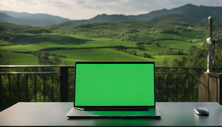A laptop with a green screen sits on a balcony overlooking a scenic mountain landscape. The green screen provides a blank canvas for creative projects and presentations, while the natural beauty of the mountains offers a serene backdrop.の写真素材
