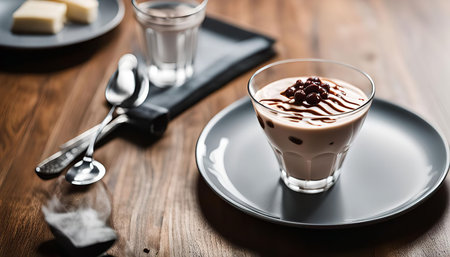 A glass of delicious chocolate dessert topped with red beans and chocolate sauce on a wooden table, with spoons and a napkin on the side.の写真素材
