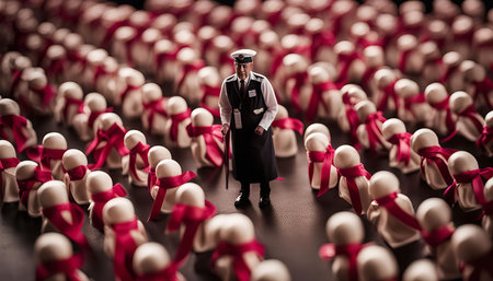 A solitary figure in uniform stands amidst a crowd of small, white figures with red ribbons. The...