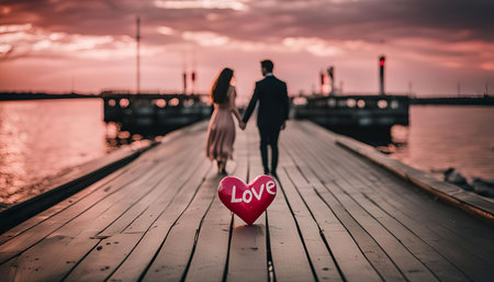 A couple walks hand in hand towards a red heart-shaped balloon on a wooden pier with the sunset in...