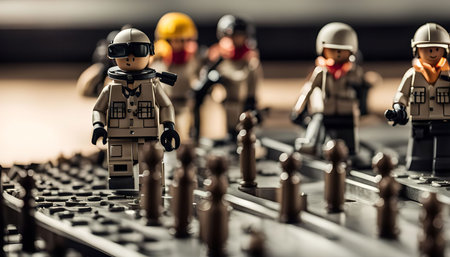 A close-up shot of toy soldiers in a battleground setting. The image captures the miniature figures...