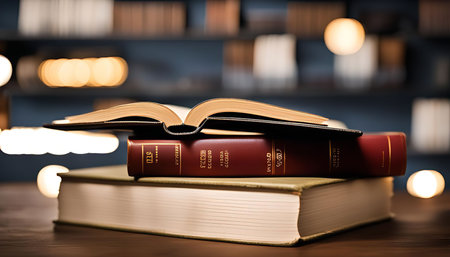 An open book resting on top of a stack of books in a library setting.