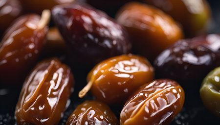 Close-up photo of dates, showing their rich brown color and glossy texture.の写真素材