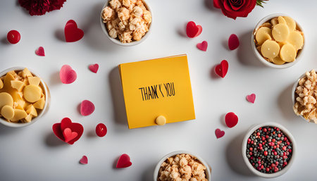 A flatlay showing a gift box with thank you note surrounded by hearts and small bowls of sweets. It...