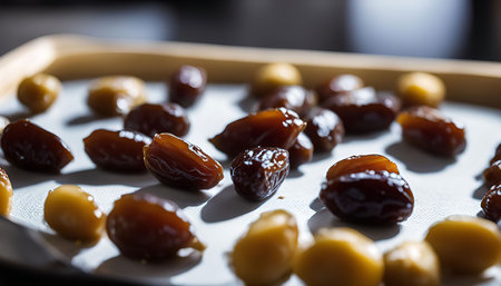 Close up shot of dates and nuts on a baking sheet, ready to be enjoyed as a sweet and healthy snack.