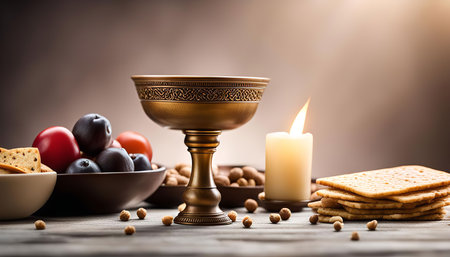 A golden chalice, surrounded by food like plums, crackers, and nuts, sits on a wooden table with a...