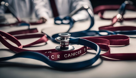 A close-up image of a stethoscope with red and blue ribbons. The ribbons are often used as a symbol of cancer awareness.の写真素材