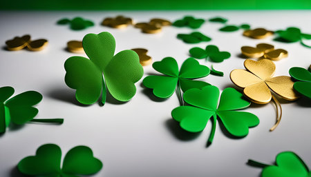 A close-up shot of green and gold clovers arranged in a patterned design, capturing the festive...