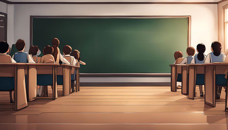 An illustration of a classroom with students sitting at their desks facing the front, where a teacher is speaking. There's a blank blackboard in front of the class.の写真素材