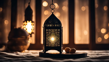 A close-up of an ornate metal lantern with a warm candle glow, creating a cozy and inviting...