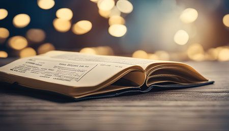 A close-up image of an open book on a wooden table with bokeh lights in the background. The book is open to a page with text, suggesting reading or study.の写真素材