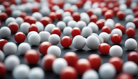 A close-up shot of a scattered array of red and white spheres, creating a minimalist abstract pattern. The texture of the spheres and the shallow depth of field add visual interest and depth to the composition.の写真素材