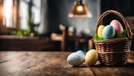 A basket filled with colorful Easter eggs sits on a wooden table. The eggs are painted with floral...