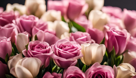 Close up macro shot of a bouquet of pink and white roses with soft focus and pastel colors.