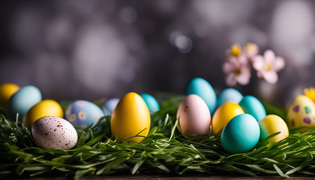 Colorful Easter eggs in a bed of fresh green grass, a festive scene celebrating the spring holiday.