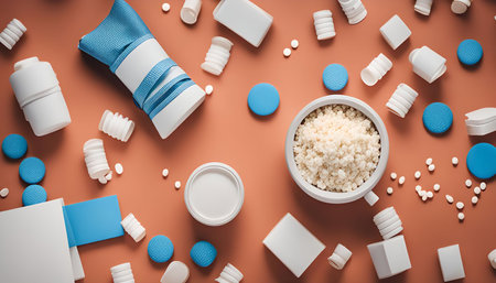 A flatlay image featuring white and blue objects arranged on an orange background. The objects...
