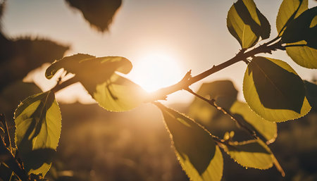 A close-up shot of leaves on a branch backlit by the golden hour sun.の写真素材