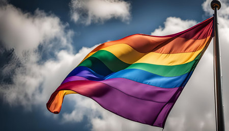 A vibrant rainbow pride flag waving proudly against a backdrop of fluffy white clouds and a bright blue sky. The flag symbolizes inclusivity, love, and acceptance for the LGBTQ+ community.の写真素材