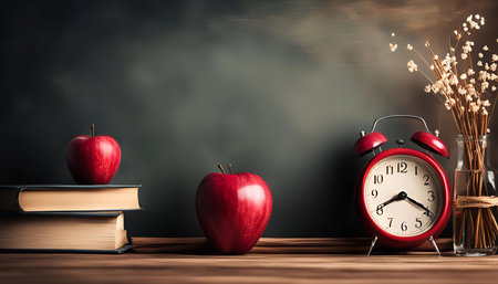 A still life image featuring a red alarm clock, two red apples, and books on a wooden table. The...