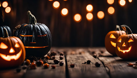 Three jack-o'-lanterns with glowing eyes are illuminated against a dark wooden background with festive lights. The pumpkins are carved with spooky faces, adding to the festive atmosphere of Halloween.の写真素材