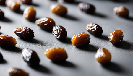 A close-up of dates arranged on a gray surface, showing their brown color and texture, with some dates in focus while others are blurred.の写真素材