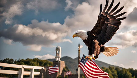 A bald eagle with its wings spread wide lands on an American flag, showcasing patriotism and...