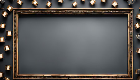 A golden frame with small cubes scattered around it on a gray background. The frame is empty and the...