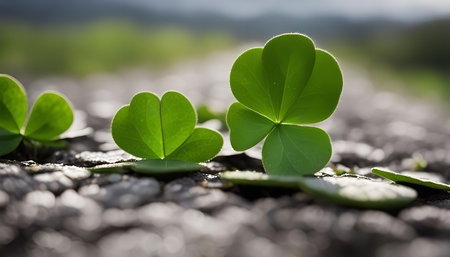 A close-up of three-leaf clover plants growing on a textured surface, showing their vibrant green leaves and delicate details against a soft backgroundの写真素材