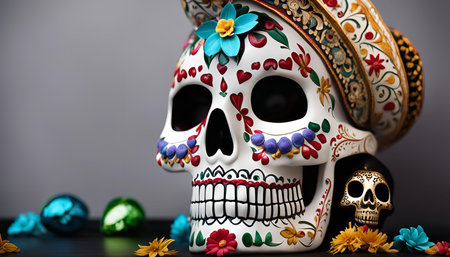 A colorful sugar skull decorated with intricate patterns. A popular symbol of Day of the Dead, often...