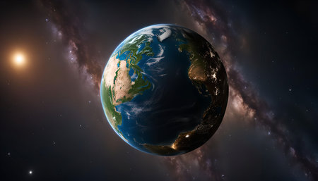 A stunning view of Earth from space, with the Milky Way galaxy in the background. The planet is...