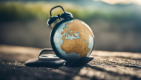 A vintage alarm clock globe on a stone surface against a blurred background of nature. It symbolizes the need for change and action to address environmental issues and create a better future for the world.の写真素材