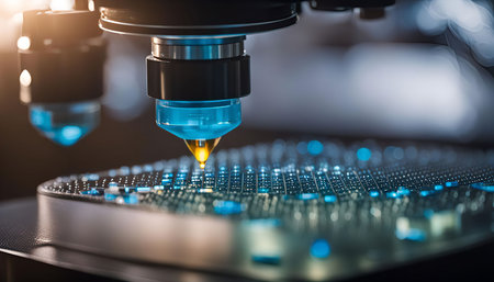 A close-up of a silicon wafer being inspected under a microscope. The wafer is covered in a grid of...