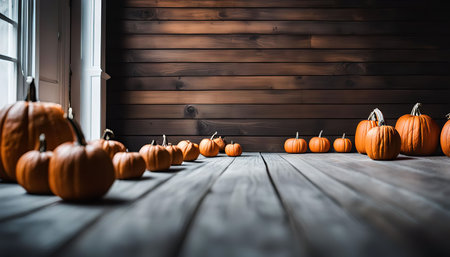 A group of pumpkins arranged on a wooden floor against a rustic wooden wall backgroundの写真素材