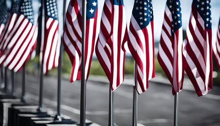 A row of American flags waving in the wind, a symbol of patriotism and national pride.