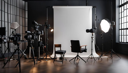 A professional film studio set with cameras, lighting equipment, and tripods, ready for filming or...