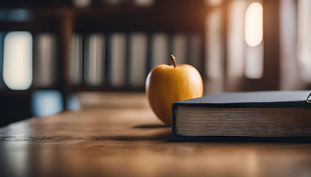 A yellow apple and a closed book sit on a wooden table, with a blurred background of a bookshelf in...