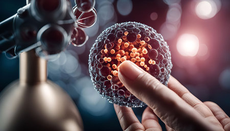 A close-up image of a hand holding a cell, with a microscope in the background. The image showcases...