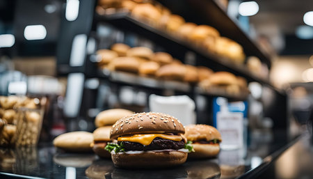 A close-up of a delicious cheeseburger with fresh toppings and a blurred background of a bakery filled with bread and pastries.の写真素材
