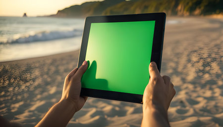 A tablet with a green screen being held by someone at the beach during sunset, with the ocean and...